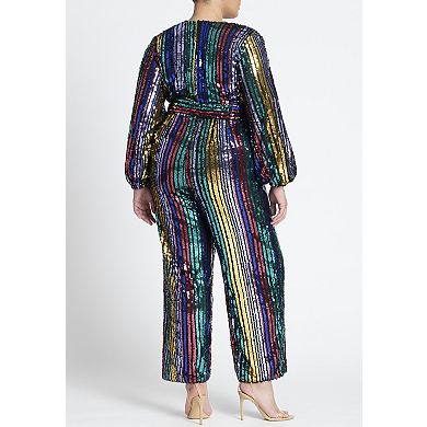ELOQUII Women's Plus Size Multicolor Stripe Sequin Jumpsuit