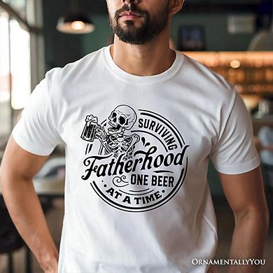Surviving Fatherhood Skeleton Beer T-Shirt, White Vintage Tee for Tired and Hilarious Dads