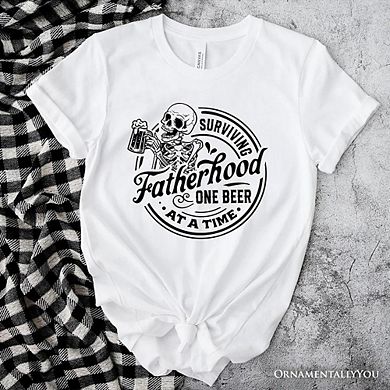 Surviving Fatherhood Skeleton Beer T-Shirt, White Vintage Tee for Tired and Hilarious Dads
