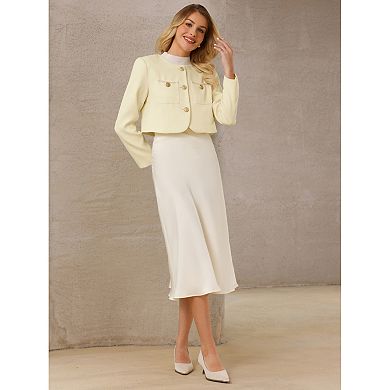 Women's Tweed Short Jacket Crewneck Button Down Long Sleeve Work Office Cropped Blazer