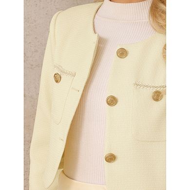 Women's Tweed Short Jacket Crewneck Button Down Long Sleeve Work Office Cropped Blazer
