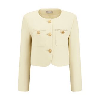 Women's Tweed Short Jacket Crewneck Button Down Long Sleeve Work Office Cropped Blazer