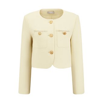 Women's Tweed Short Jacket Crewneck Button Down Long Sleeve Work Office Cropped Blazer