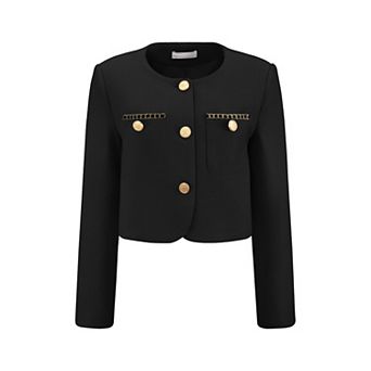 Women's Tweed Short Jacket Crewneck Button Down Long Sleeve Work Office Cropped Blazer