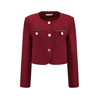 Women's Tweed Short Jacket Crewneck Button Down Long Sleeve Work Office Cropped Blazer