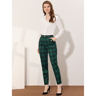 Women's 2 Packs Tartan Plaid Pants Elastic High Waist Straight Long Trousers