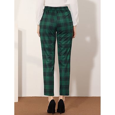 Women's 2 Packs Tartan Plaid Pants Elastic High Waist Straight Long Trousers