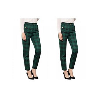 Women's 2 Packs Tartan Plaid Pants Elastic High Waist Straight Long Trousers