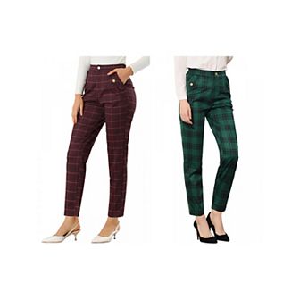 Women's 2 Packs Tartan Plaid Pants Elastic High Waist Straight Long Trousers