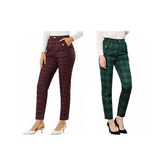 Women's 2 Packs Tartan Plaid Pants Elastic High Waist Straight Long Trousers