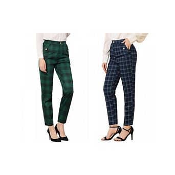 Women's 2 Packs Tartan Plaid Pants Elastic High Waist Straight Long Trousers