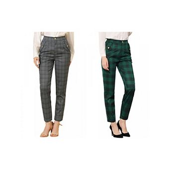 Women's 2 Packs Tartan Plaid Pants Elastic High Waist Straight Long Trousers