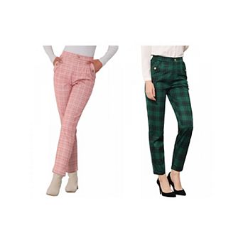 Women's 2 Packs Tartan Plaid Pants Elastic High Waist Straight Long Trousers