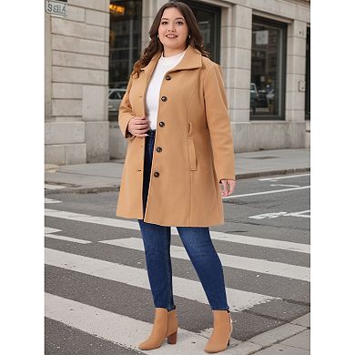 Plus Size Pea Coat for Women Lapel Long Sleeves Single Breasted Overcoat Pockets Outerwear with Belt