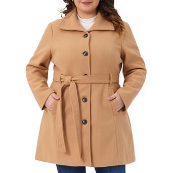 Plus Size Pea Coat for Women Lapel Long Sleeves Single Breasted Overcoat Pockets Outerwear with Belt