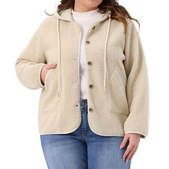 Plus Size Hooded Fleece Jacket for Women Button Down Teddy Fluffy Outerwear Coats with Pockets