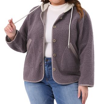 Plus Size Hooded Fleece Jacket for Women Button Down Teddy Fluffy Outerwear Coats with Pockets