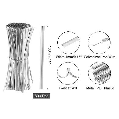 4" Twist Ties, Metallic Twist Ties, Reusable Plastic Coated Twist Ties for Bakery, Goodie Bag 800Pcs