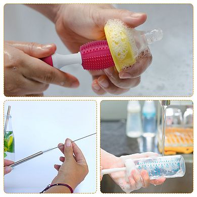 3 in 1 Silicone Bottle Cleaning Brushes, 360 Degree Rotation Long Straight Handle Cleaner Kits