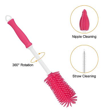 3 in 1 Silicone Bottle Cleaning Brushes, 360 Degree Rotation Long Straight Handle Cleaner Kits