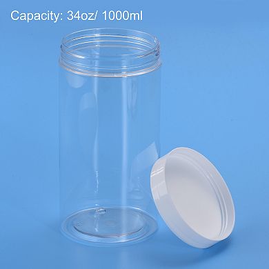 Round Plastic Jars with White Screw Top Lid, 34oz/ 1000ml Clear Empty Containers 4Pcs for Storage