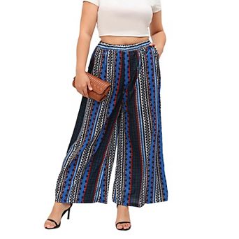Women's Bohemian Waist Wide Leg Trousers Loose Chic Fashion Straight Plus Size Pants