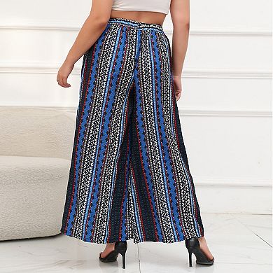 Women's Bohemian Waist Wide Leg Trousers Loose Chic Fashion Straight Plus Size Pants