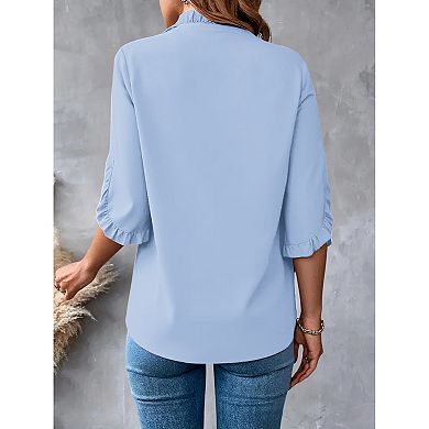 Women's Summer Tops Ruffle Short Sleeve, Dressy Notch V Neck Ruffle Short Sleeve Flowy Shirts