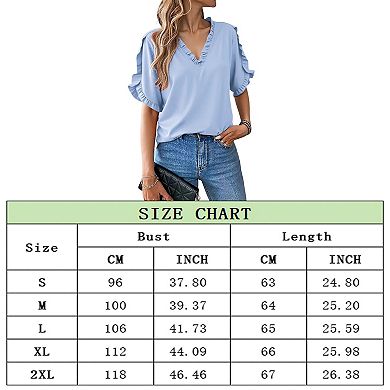 Women's Summer Tops Ruffle Short Sleeve, Dressy Notch V Neck Ruffle Short Sleeve Flowy Shirts