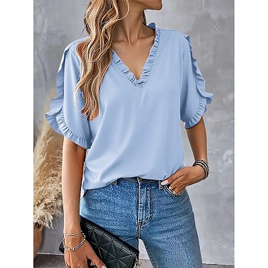 Women's Summer Tops Ruffle Short Sleeve, Dressy Notch V Neck Ruffle Short Sleeve Flowy Shirts