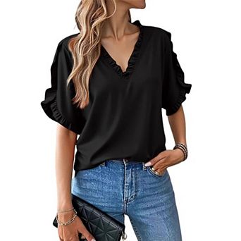 Women's Summer Tops Ruffle Short Sleeve, Dressy Notch V Neck Ruffle Short Sleeve Flowy Shirts