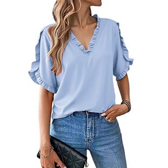 Women's Summer Tops Ruffle Short Sleeve, Dressy Notch V Neck Ruffle Short Sleeve Flowy Shirts
