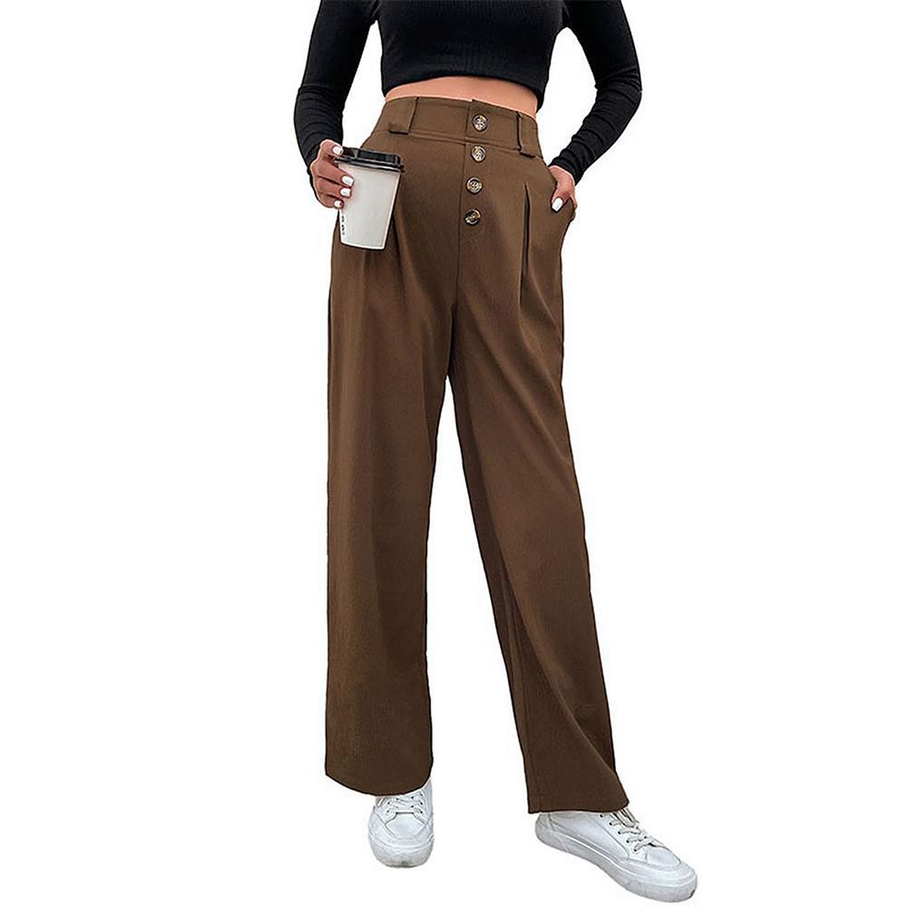 Womens Button Up High Waist Straight Wide Leg Pants Stretch Work ...