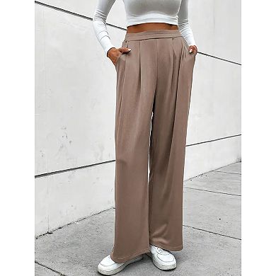 Women Wide Leg Pants Elastic High Waisted Waffle Knit Fleece Palazzo Pants Trousers with Pockets