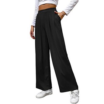 Women Wide Leg Pants Elastic High Waisted Waffle Knit Fleece Palazzo Pants Trousers with Pockets