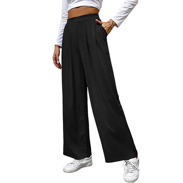 Women Wide Leg Pants Elastic High Waisted Waffle Knit Fleece