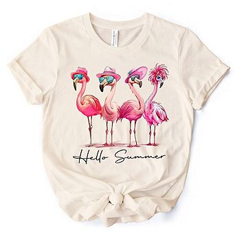 Flamingo Hello Summer T-Shirt, Retro Tee with Tropical Birds