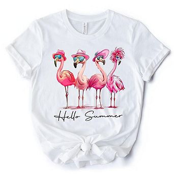 Flamingo Hello Summer T-Shirt, Retro Tee with Tropical Birds