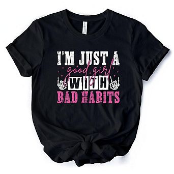 Good Girl with Bad Habits T-Shirt, Grunge Pink and Skeleton Hands Tee for Wild and Rebellious Women