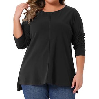 Plus Size t Shirts for Women Crew Neck High Low Hem Long Sleeve Side Slit Tee Shirt Blouse Tops