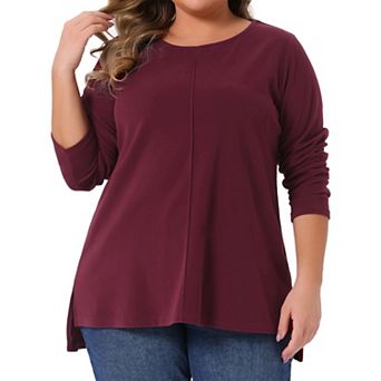 Plus Size t Shirts for Women Crew Neck High Low Hem Long Sleeve Side Slit Tee Shirt Blouse Tops
