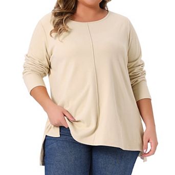 Plus Size t Shirts for Women Crew Neck High Low Hem Long Sleeve Side Slit Tee Shirt Blouse Tops