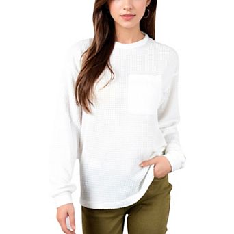 Women's Long Sleeve Waffle Knit Top with Front Pocket Detail