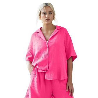ellos Plus Size Button Front Gauze Camp Shirt