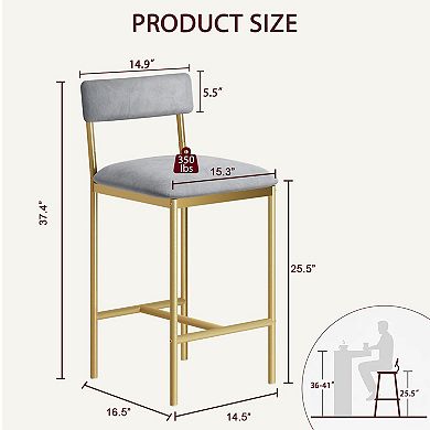 Bar Stools Set of 2, 25.5 Inches Upholstered Bar Chairs with Back, Easy Assembly, Gray-Gold