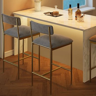 Bar Stools Set of 2, 25.5 Inches Upholstered Bar Chairs with Back, Easy Assembly, Gray-Gold