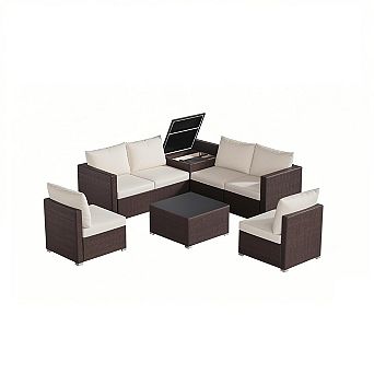 8 pc Outdoor Patio Furniture Set, 6-Seat Rattan Conversation Set with Coffee Table & Storage Box