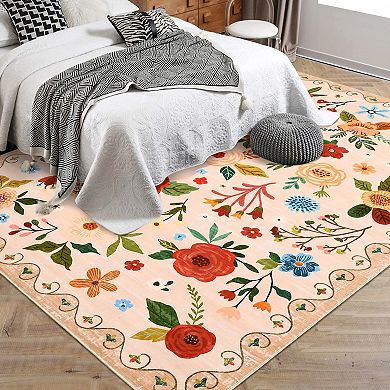 Garvee Machine Washable Flower Area Rug Ultra Thin Stain Resistant Non Slip indoor Carpet