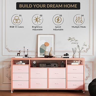 10 Drawer Dresser TV Stand for 65 70 75 Inch Tv, 63" W Long, with Led Lights & Power Outlets