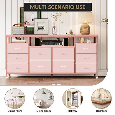 10 Drawer Dresser TV Stand for 65 70 75 Inch Tv, 63" W Long, with Led Lights & Power Outlets